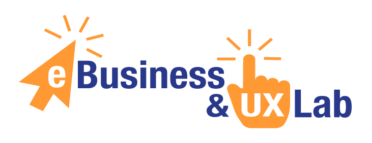 Λογότυπο eBusiness & UX Lab με πορτοκαλί σύμβολα κλικ και δείκτη ποντικιού και μπλε-μαύρο κείμενο, διαφανές φόντο.