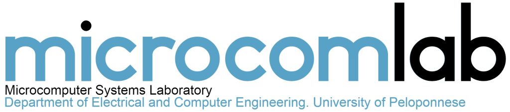 Λογότυπο MicrocomLab με μπλε και μαύρο κείμενο, περιλαμβάνει "Microcomputer Systems Laboratory, Department of Electrical and Computer Engineering, University of Peloponnese".