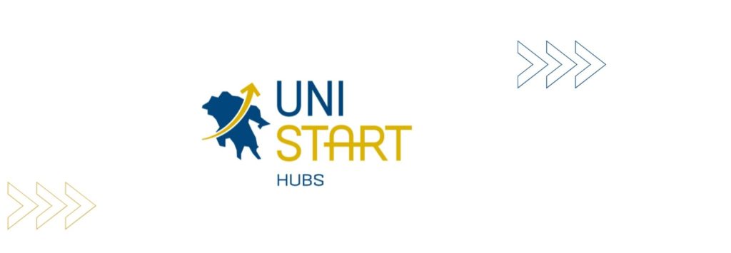 UniStart Hubs λογότυπο με χάρτη και βέλος που δείχνει ανάπτυξη